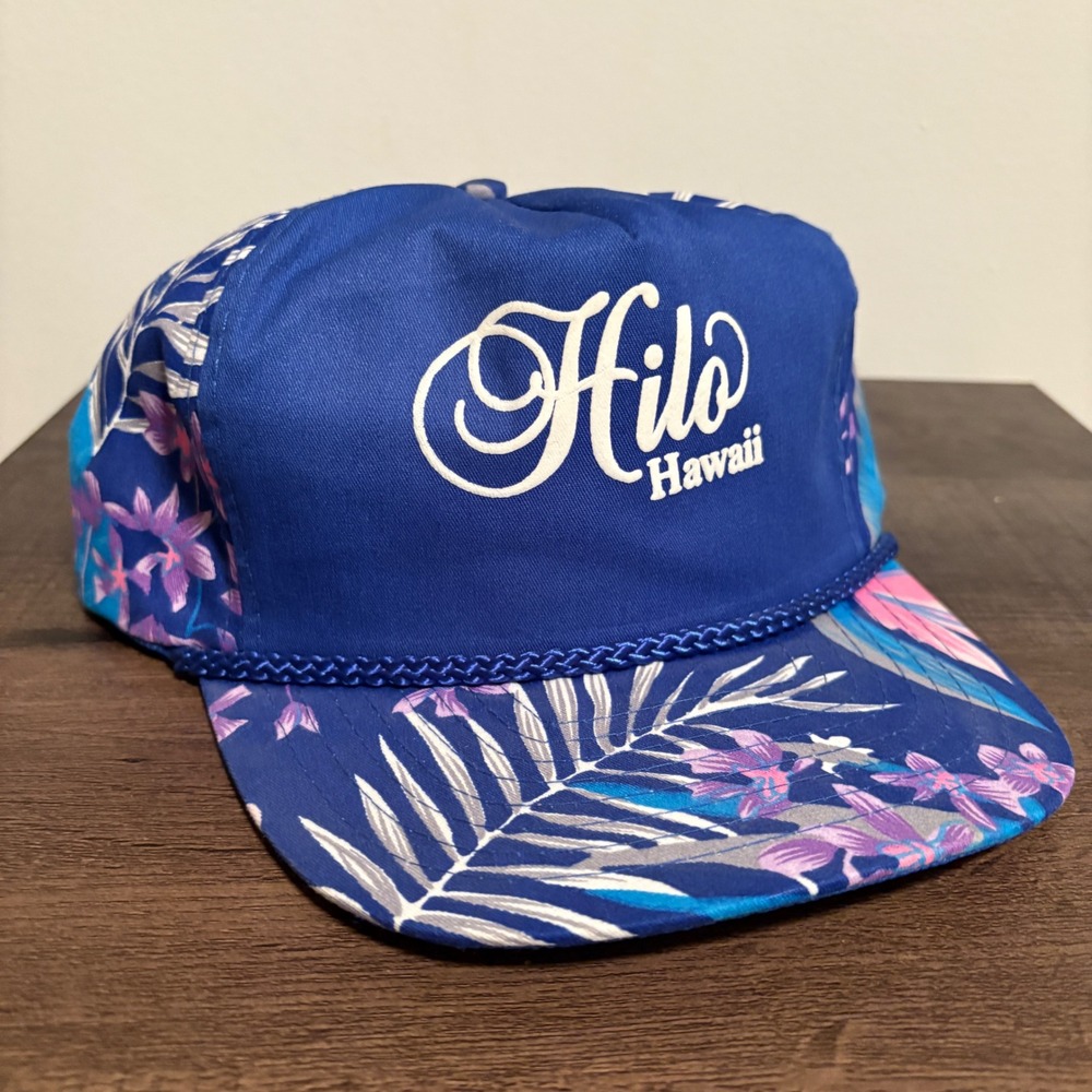 Vintage Hilo Hawaii Nissin Cap Floral Leaf Snapback‎ Hat Blue  Adjustable